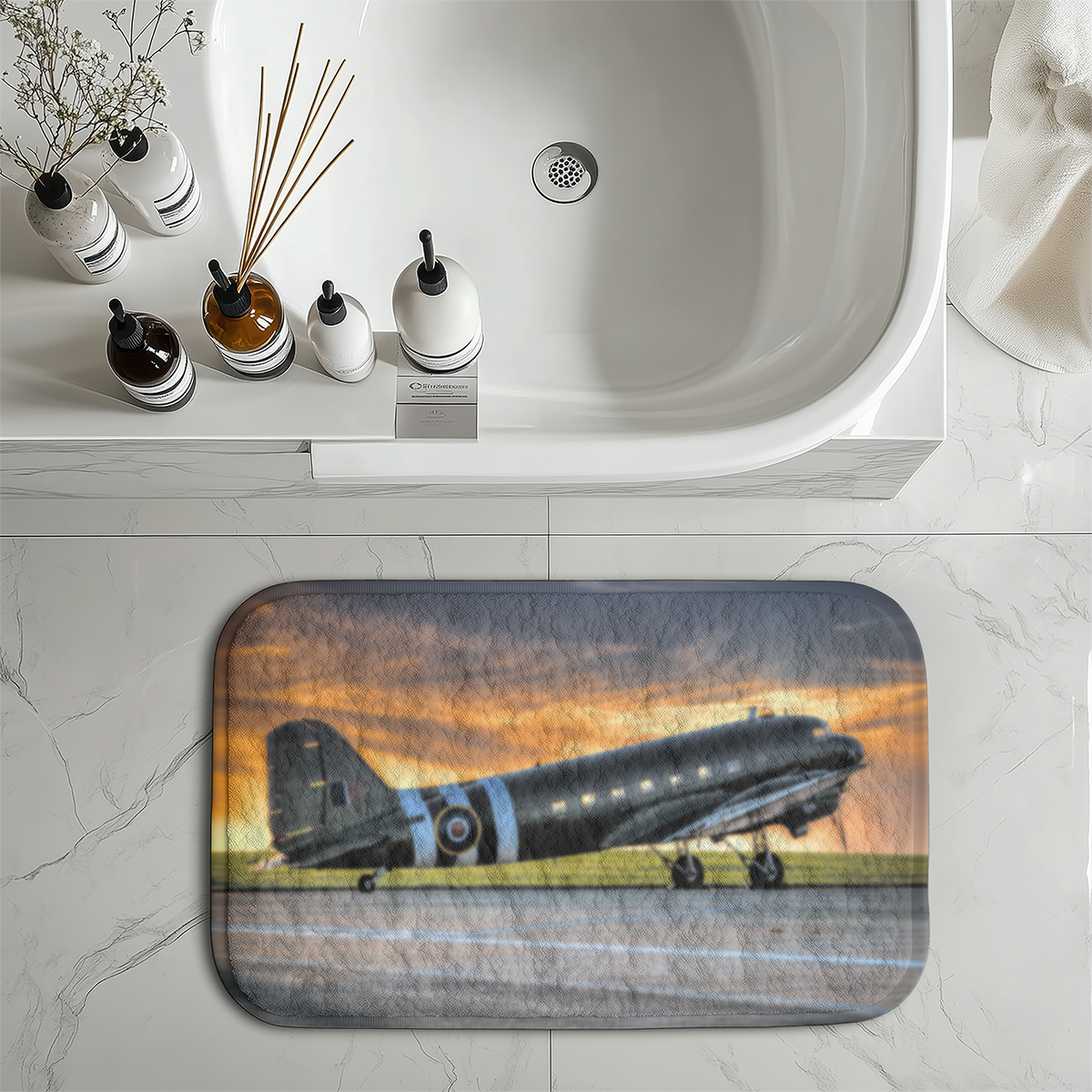 Old Airplane Parked During Sunset Designed Bath Mats