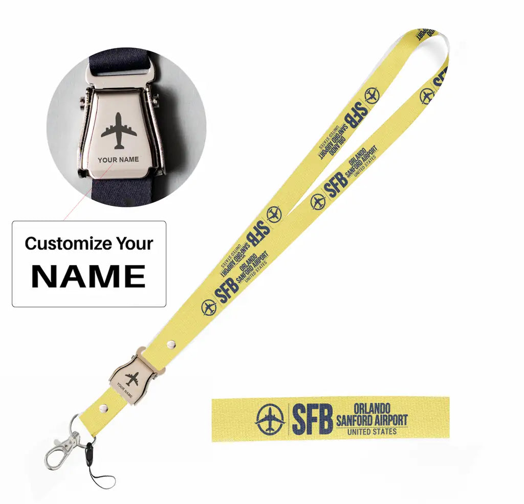 Orlando Sanford International Airport (SFB) seat belt lanyard - yellow with name
