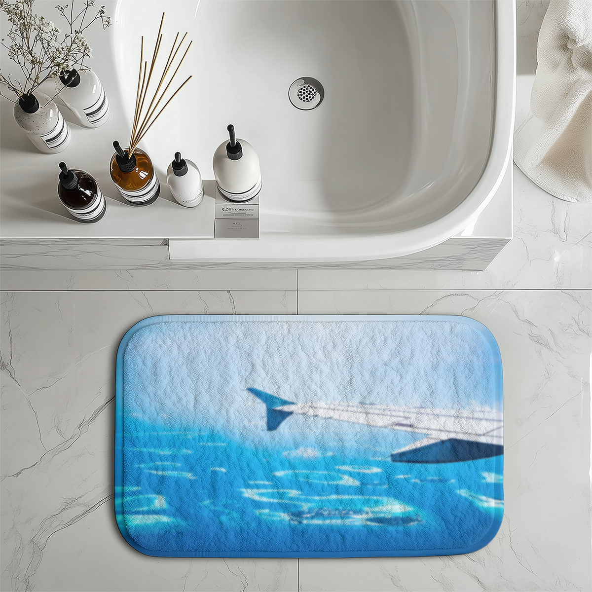 Outstanding View Through Airplane Wing Designed Bath Mats