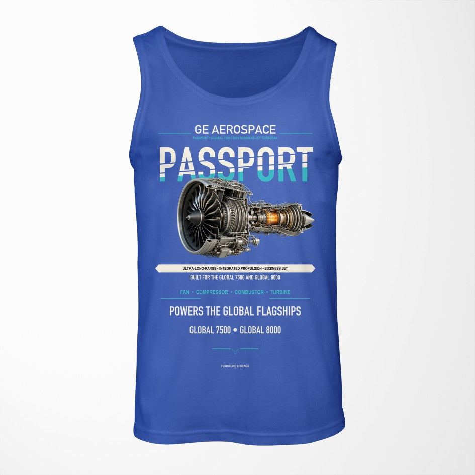 PASSPORT design on blue tank top