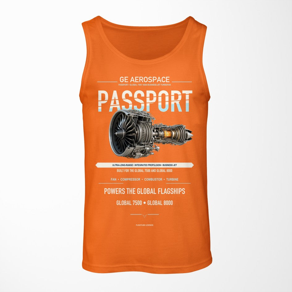 PASSPORT design on orange tank top