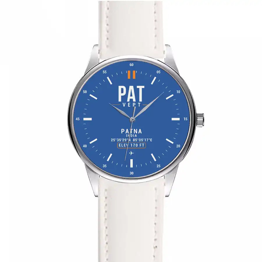 Jay Prakash Narayan International Airport (PAT) Aviator Watches - Classic - Blue - Leather Strap - White Leather Strap