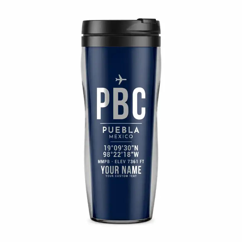 Puebla Hermanos Serdán International Airport (PBC) Travel Mugs - ID Tag + Name - Plastic (No Holder) - Dark Blue