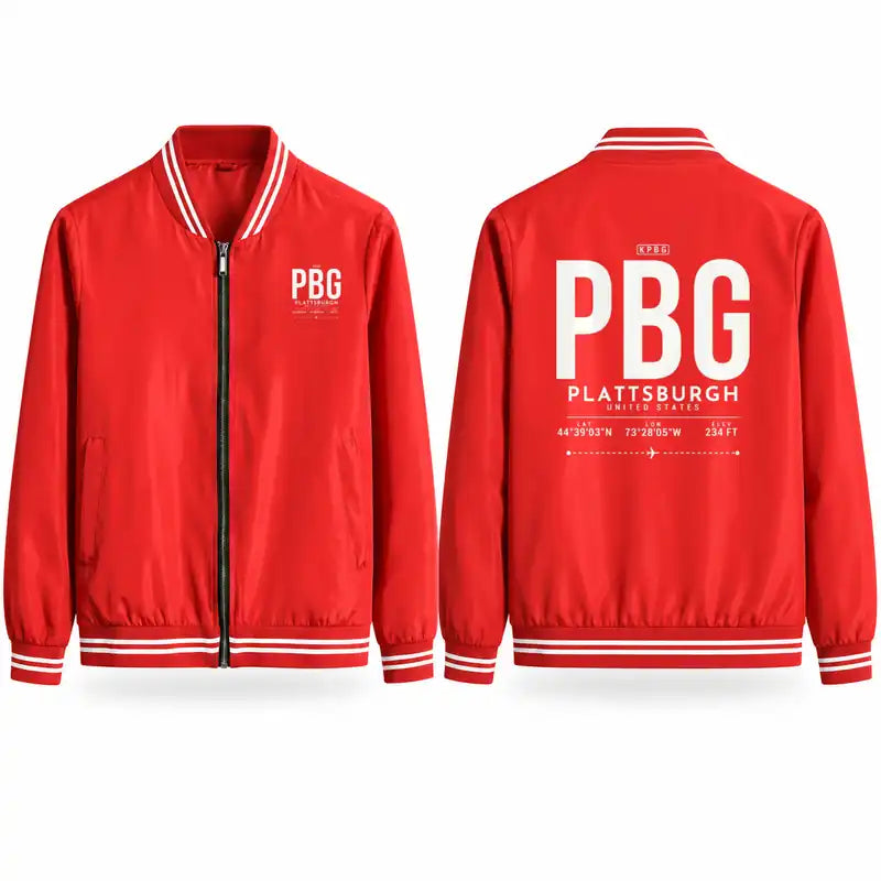 Plattsburgh International Airport (PBG) Stylish Jackets - Baseball Collar - Tag - Red