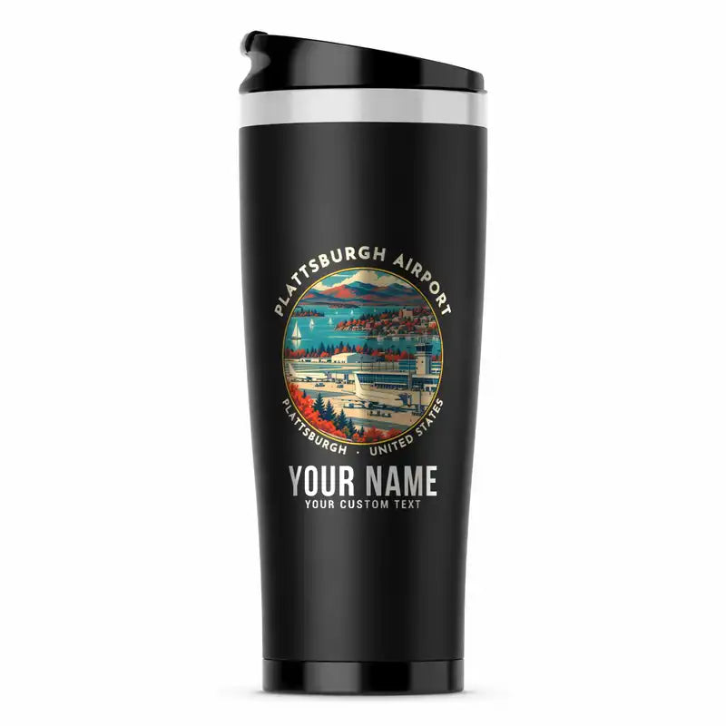 Plattsburgh International Airport (PBG) Travel Mugs - Badge + Name - Stainless Steel (No Holder) - Black