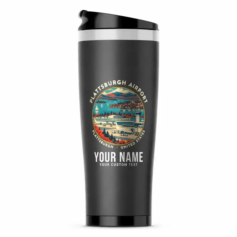 Plattsburgh International Airport (PBG) Travel Mugs - Badge + Name - Stainless Steel (No Holder) - Gray
