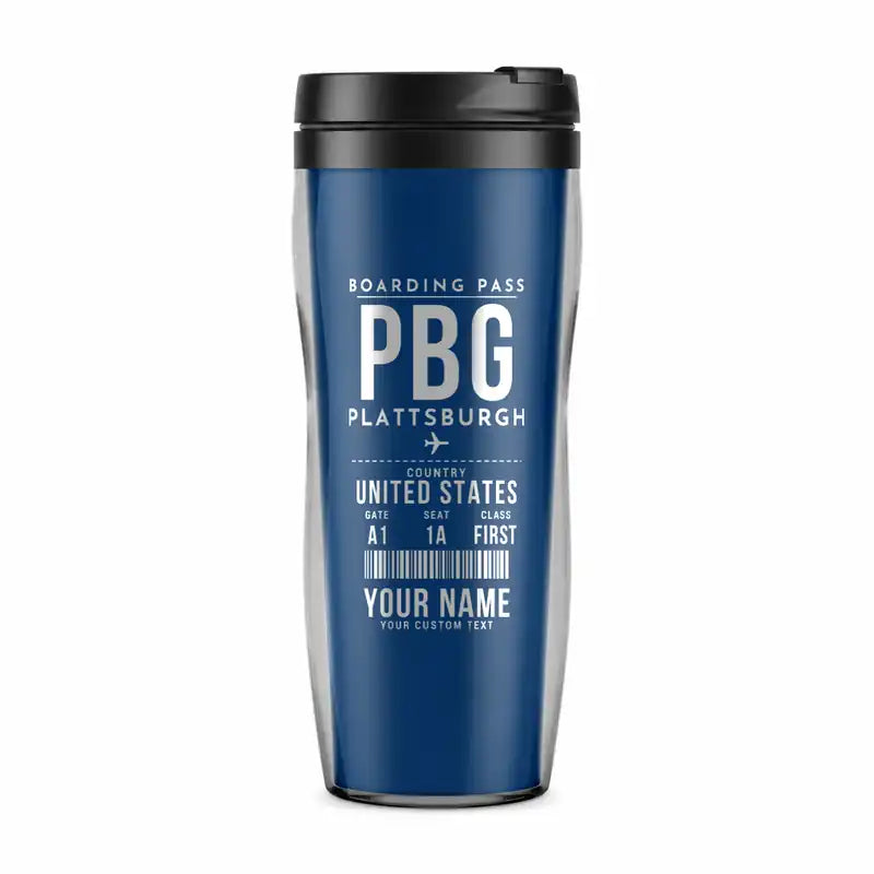 Plattsburgh International Airport (PBG) Travel Mugs - Boarding Pass + Name - Plastic (No Holder) - Blue
