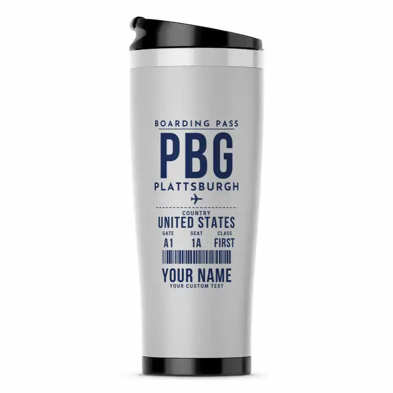 Plattsburgh International Airport (PBG) Travel Mugs - Boarding Pass + Name - Stainless Steel (No Holder) - Light Gray