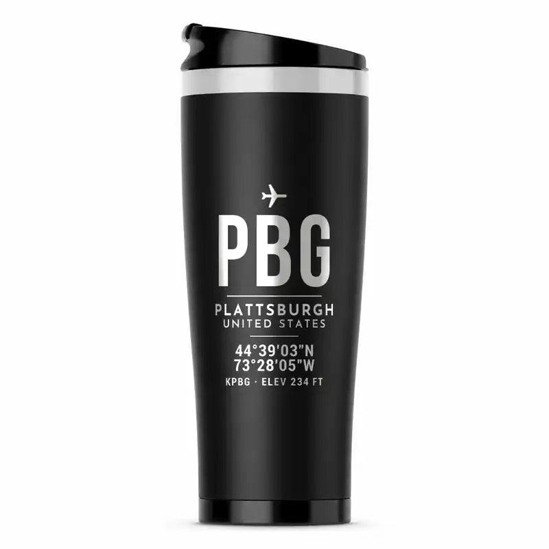 Plattsburgh International Airport (PBG) Travel Mugs - ID Tag - Stainless Steel (No Holder) - Black