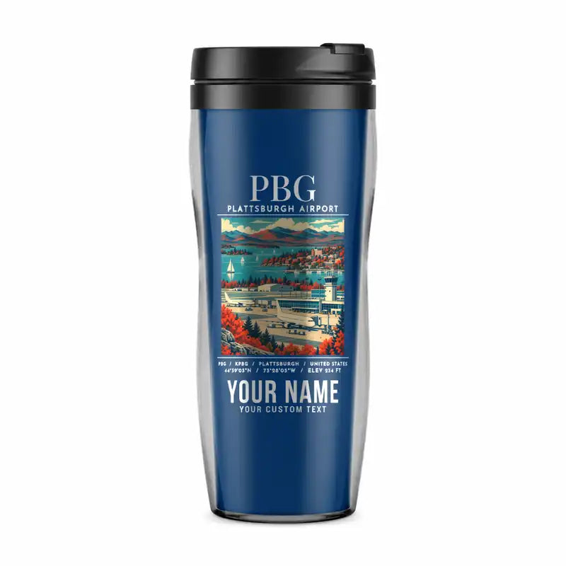 Plattsburgh International Airport (PBG) Travel Mugs - Poster + Name - Plastic (No Holder) - Blue
