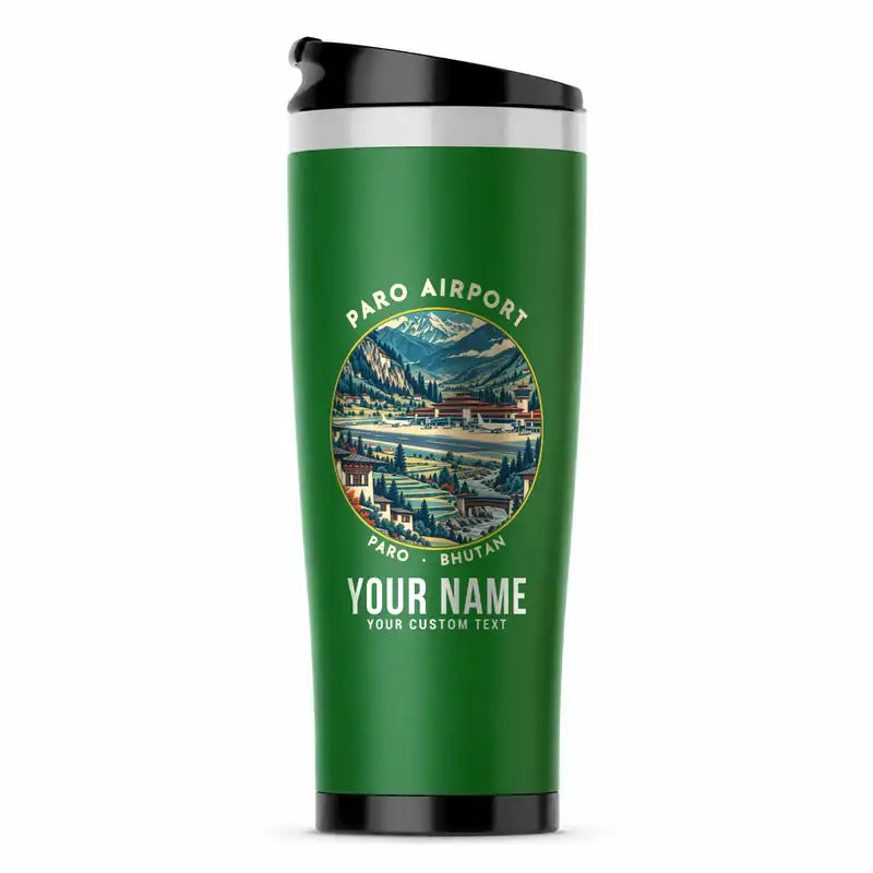Paro International Airport (PBH) Travel Mugs - Badge + Name - Stainless Steel (No Holder) - Green