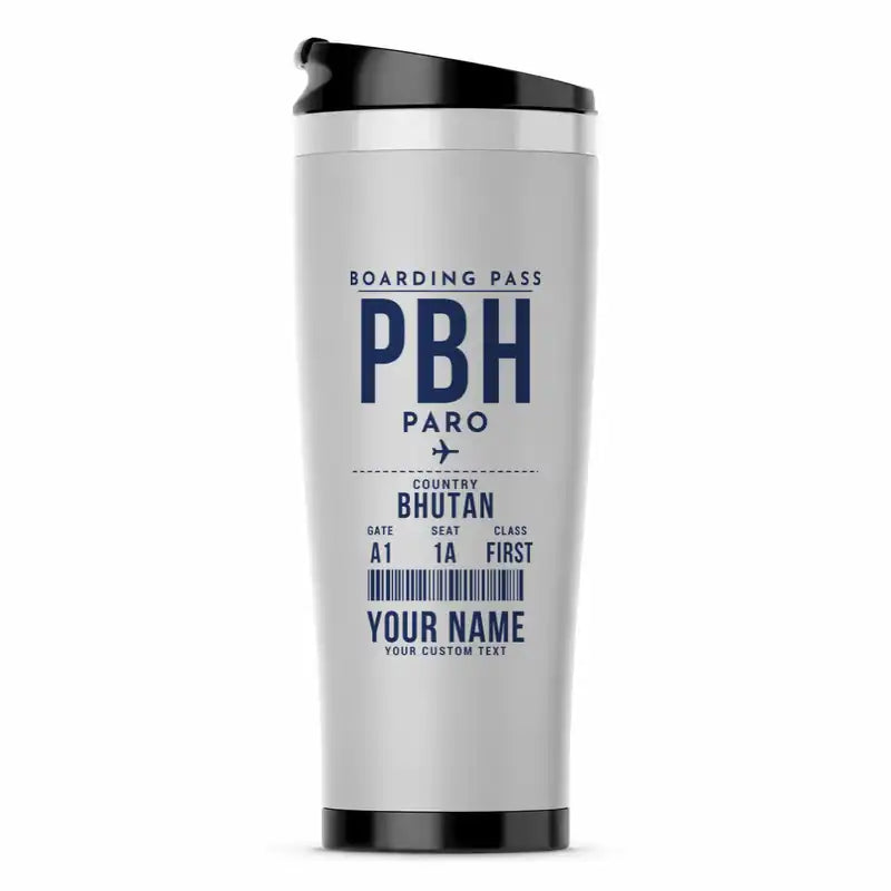 Paro International Airport (PBH) Travel Mugs - Boarding Pass + Name - Stainless Steel (No Holder) - Light Gray