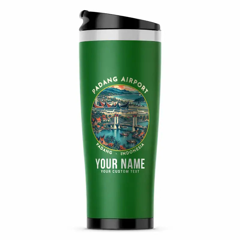 Minangkabau International Airport (PDG) Travel Mugs - Badge + Name - Stainless Steel (No Holder) - Green
