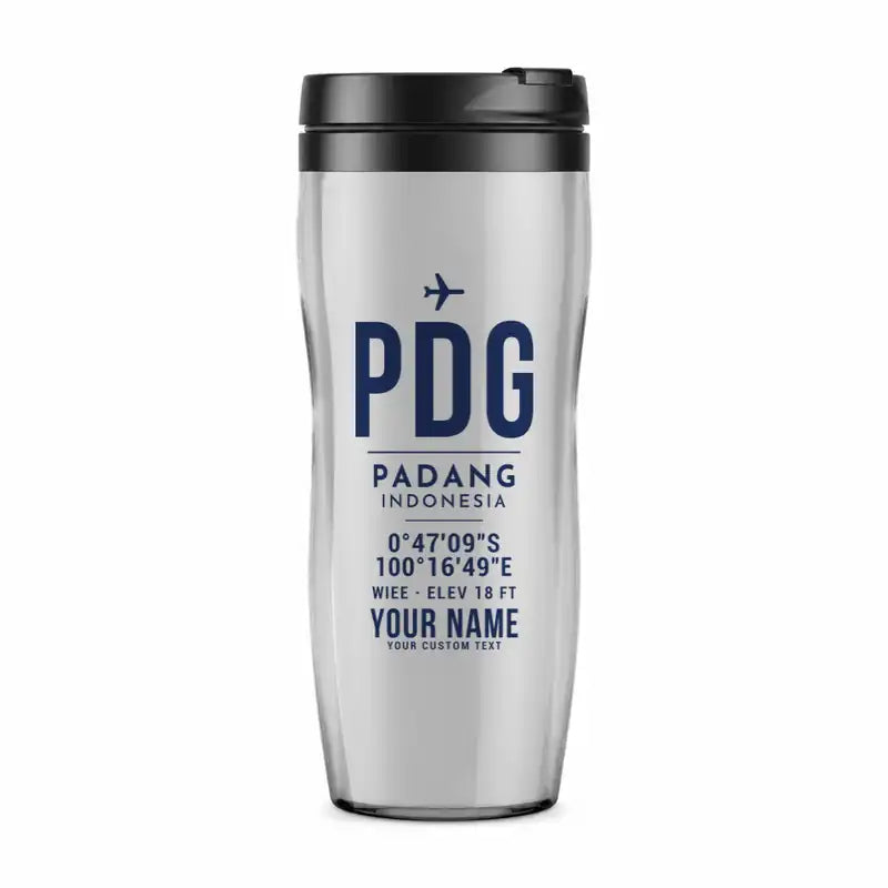 Minangkabau International Airport (PDG) Travel Mugs - ID Tag + Name - Plastic (No Holder) - Light Gray