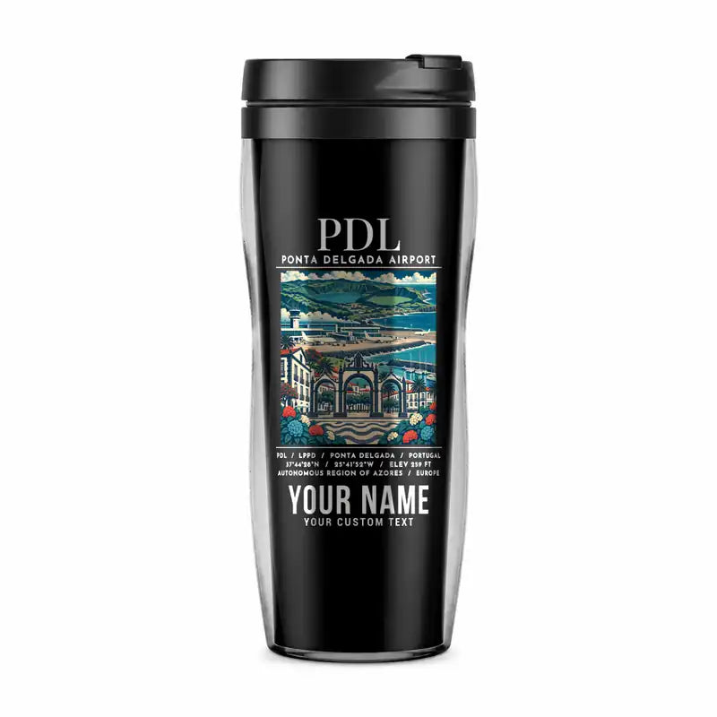 João Paulo II Airport (PDL) Travel Mugs - Poster + Name - Plastic (No Holder) - Black