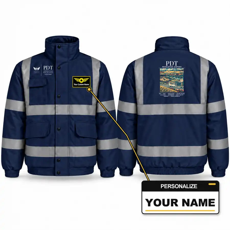 Eastern Oregon Regional Airport (PDT) Reflective Winter Jackets - Poster + Name - Navy Blue