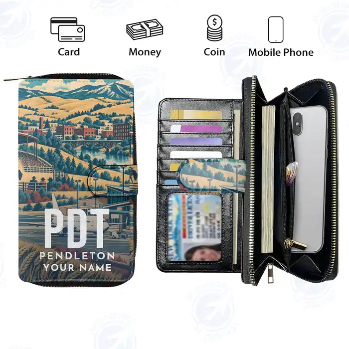 Eastern Oregon Regional Airport (PDT) Leather Wallets - Zip Long Wallet - Scene + Name
