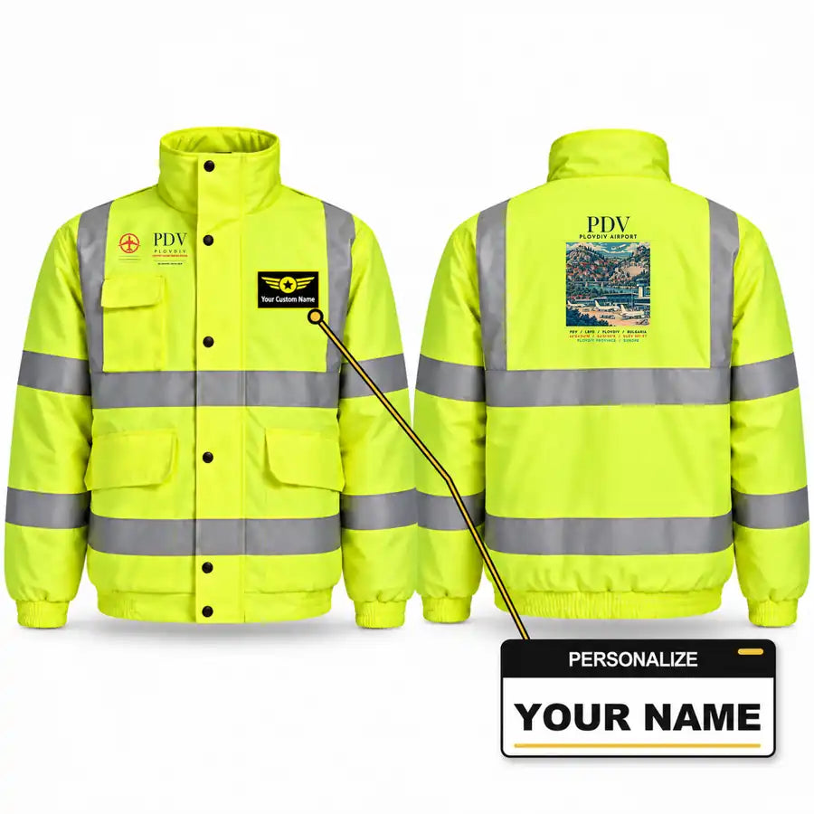 Plovdiv Airport (PDV) Reflective Winter Jackets - Poster + Name - Fluorescent Yellow