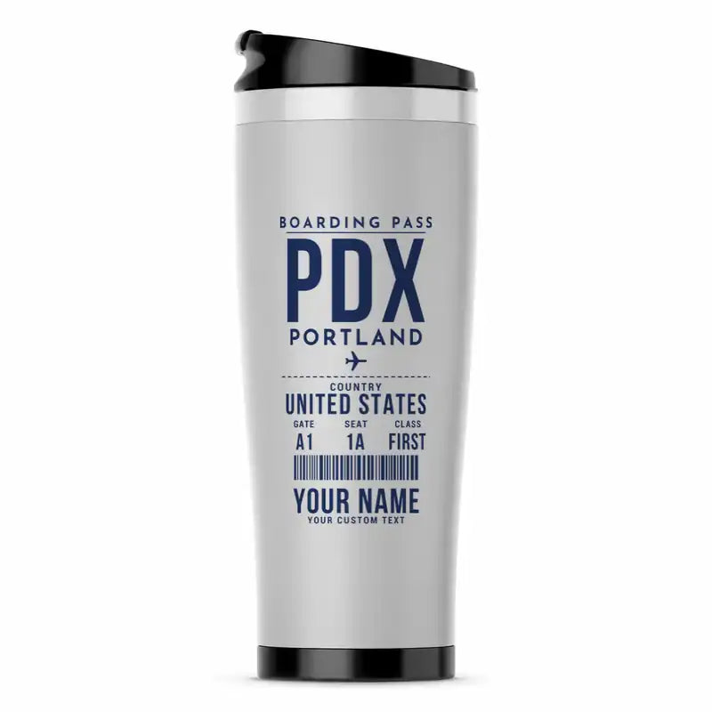Portland International Airport (PDX) Travel Mugs - Boarding Pass + Name - Stainless Steel (No Holder) - Light Gray