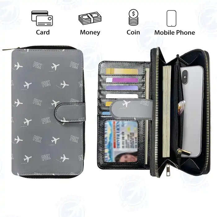 Portland International Airport (PDX) Leather Wallets - Zip Long Wallet - Pattern - Gray