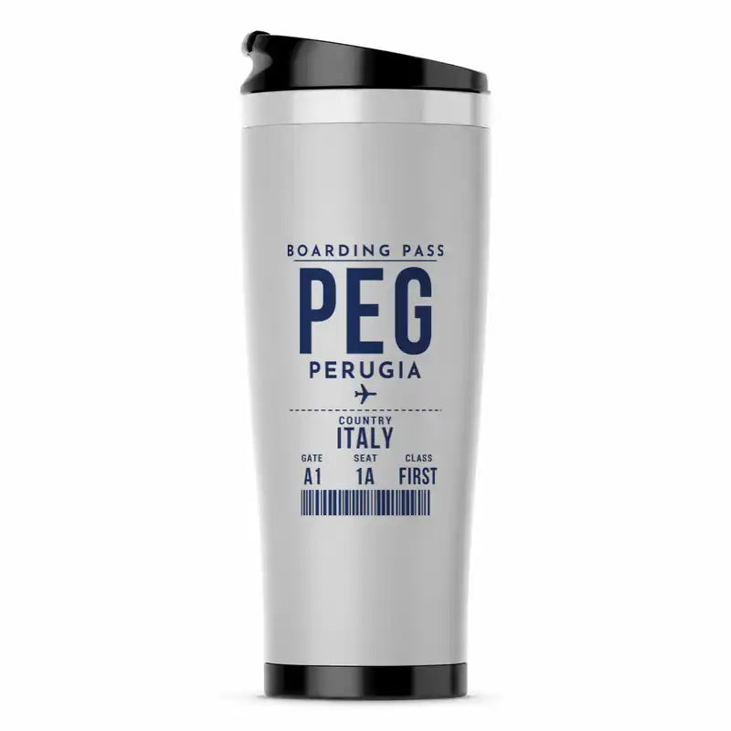 Perugia San Francesco d'Assisi – Umbria International Airport (PEG) Travel Mugs - Boarding Pass - Stainless Steel (No Holder) - Light Gray