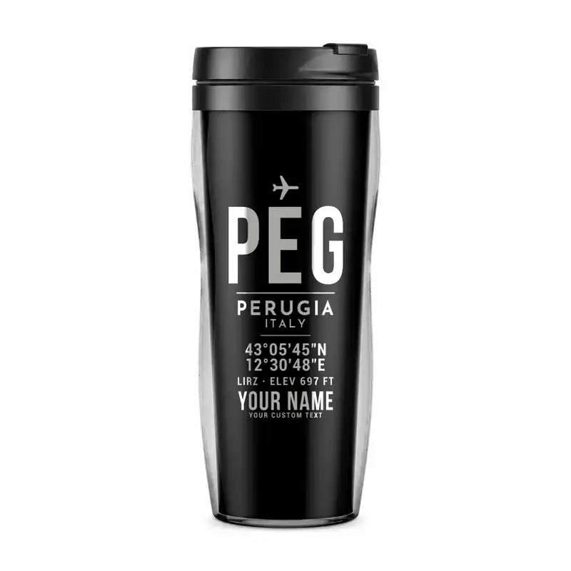 Perugia San Francesco d'Assisi – Umbria International Airport (PEG) Travel Mugs - ID Tag + Name - Plastic (No Holder) - Black