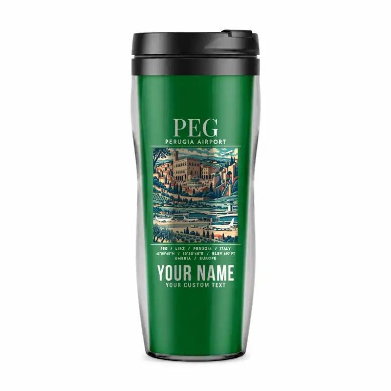 Perugia San Francesco d'Assisi – Umbria International Airport (PEG) Travel Mugs - Poster + Name - Plastic (No Holder) - Green