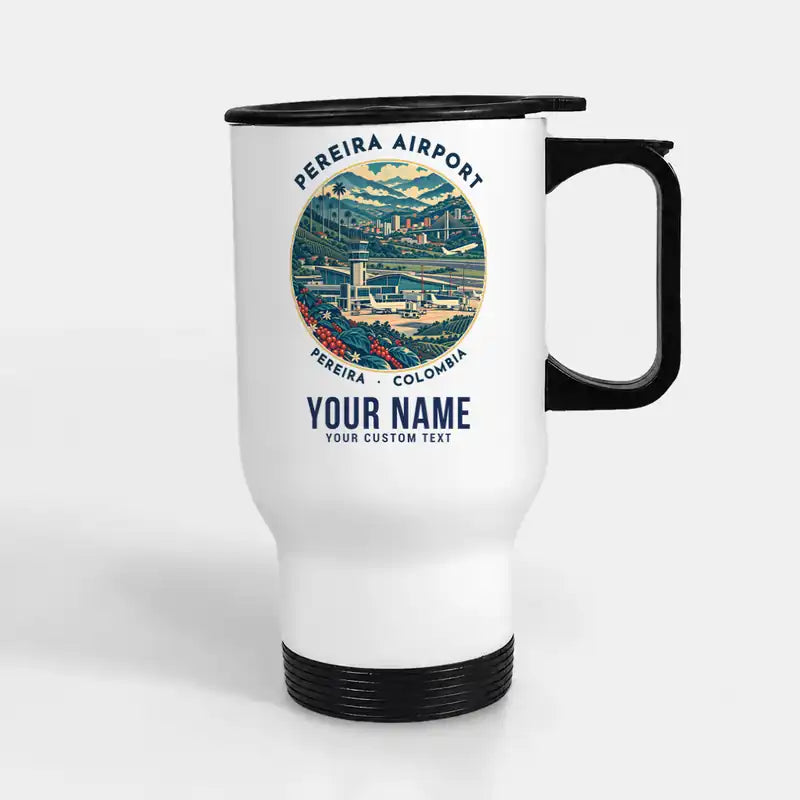 Matecaña International Airport (PEI) Travel Mugs - Badge + Name - Stainless Steel with Holder - White