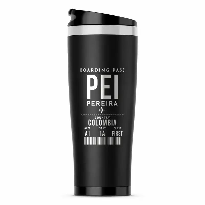 Matecaña International Airport (PEI) Travel Mugs - Boarding Pass - Stainless Steel (No Holder) - Black