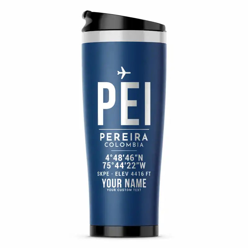 Matecaña International Airport (PEI) Travel Mugs - ID Tag + Name - Stainless Steel (No Holder) - Blue