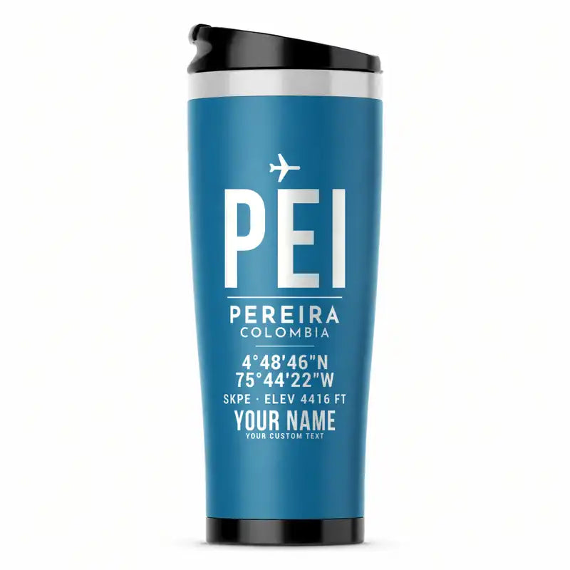 Matecaña International Airport (PEI) Travel Mugs - ID Tag + Name - Stainless Steel (No Holder) - Light Blue