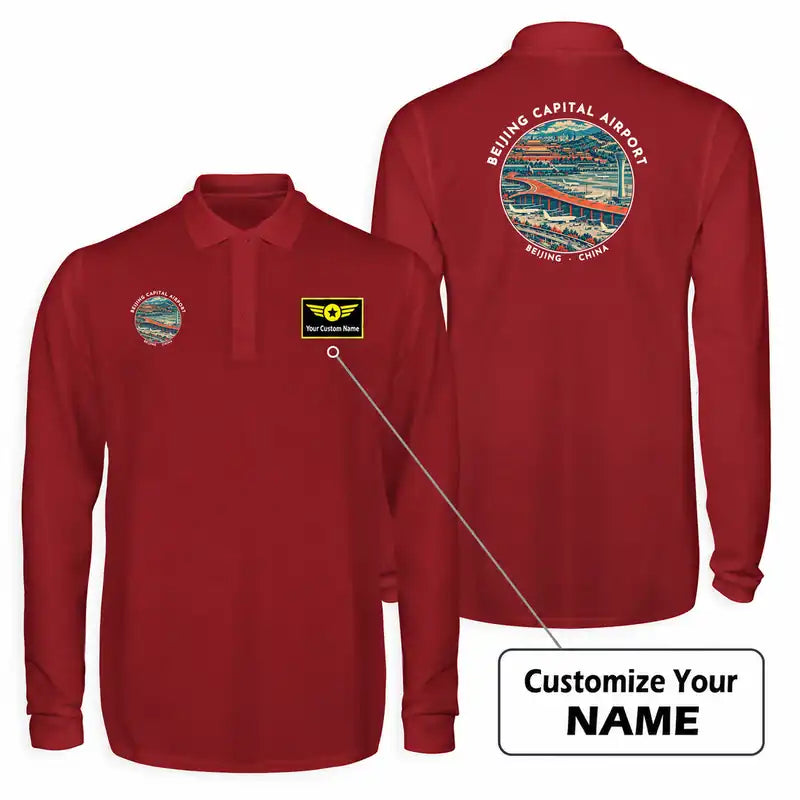 Beijing Capital International Airport (PEK) Premium Polo T-Shirts - Badge + Name - Long Sleeve - Dark Red