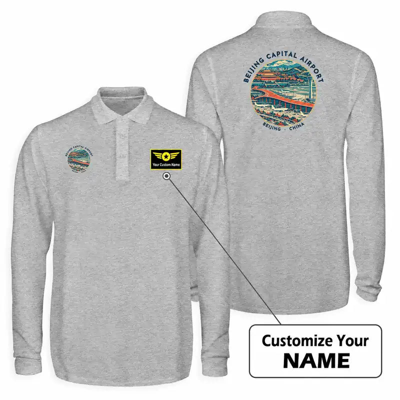 Beijing Capital International Airport (PEK) Premium Polo T-Shirts - Badge + Name - Long Sleeve - Gray