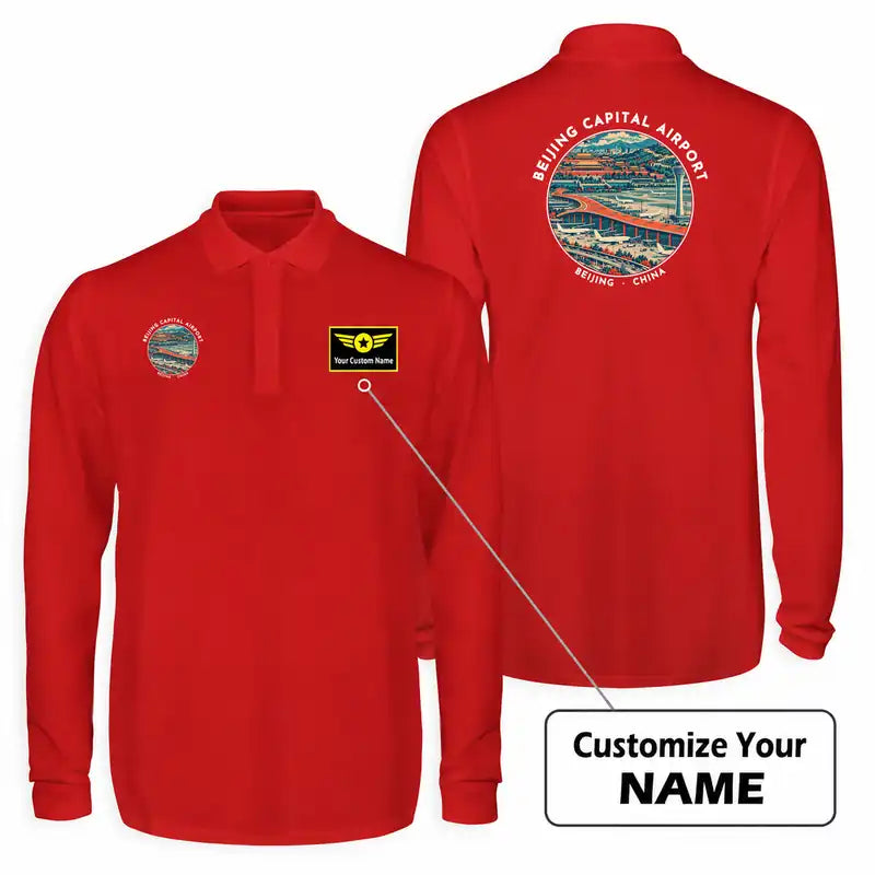 Beijing Capital International Airport (PEK) Premium Polo T-Shirts - Badge + Name - Long Sleeve - Red