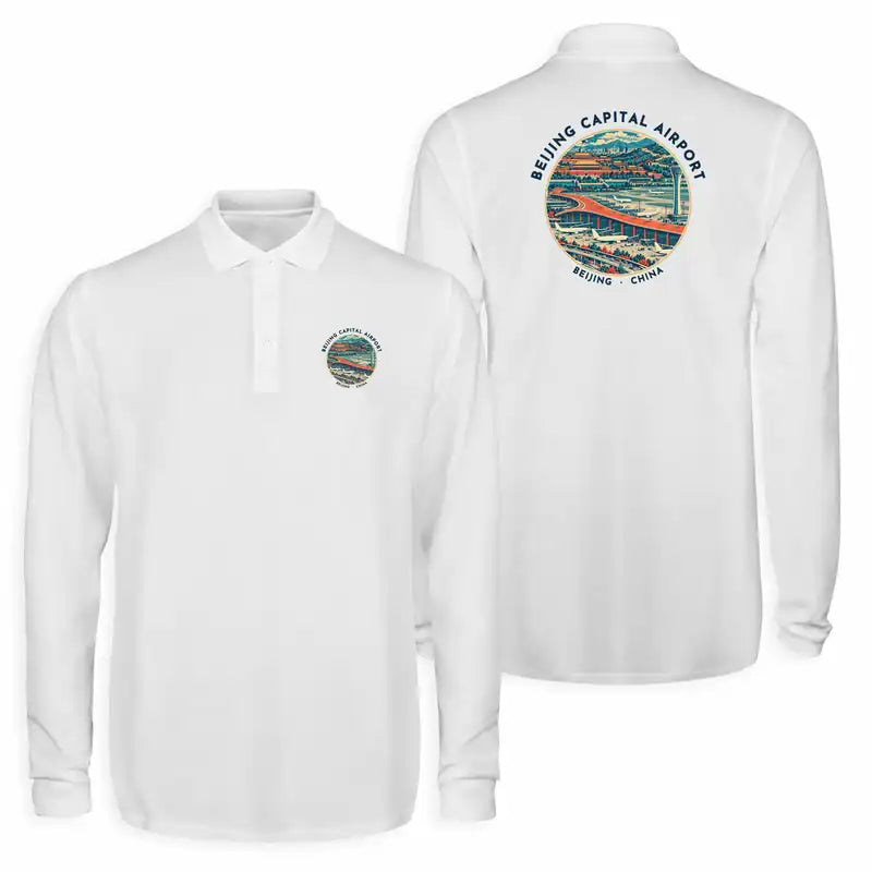 Beijing Capital International Airport (PEK) Premium Polo T-Shirts - Badge - Long Sleeve - White