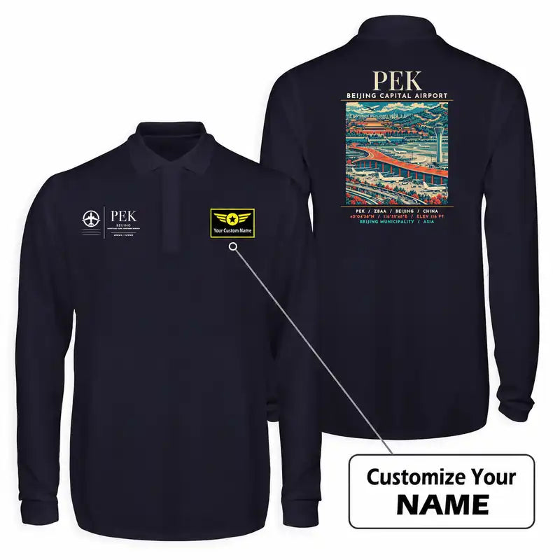 Beijing Capital International Airport (PEK) Premium Polo T-Shirts - Poster + Name - Long Sleeve - Dark Blue