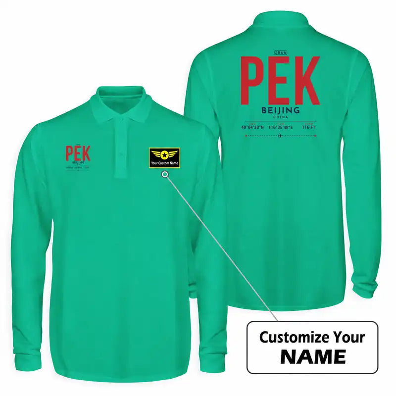 Beijing Capital International Airport (PEK) Premium Polo T-Shirts - Tag + Name - Long Sleeve - Green
