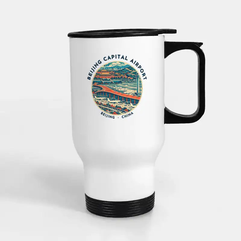 Beijing Capital International Airport (PEK) Travel Mugs - Badge - Stainless Steel with Holder - White