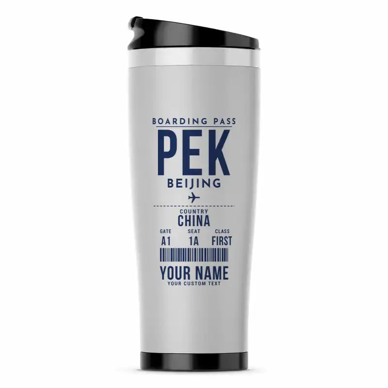 Beijing Capital International Airport (PEK) Travel Mugs - Boarding Pass + Name - Stainless Steel (No Holder) - Light Gray