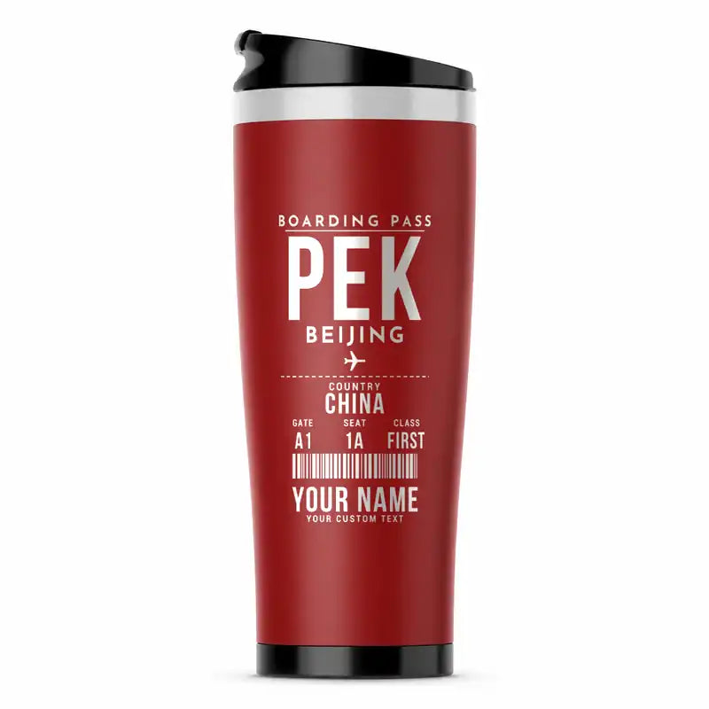 Beijing Capital International Airport (PEK) Travel Mugs - Boarding Pass + Name - Stainless Steel (No Holder) - Red