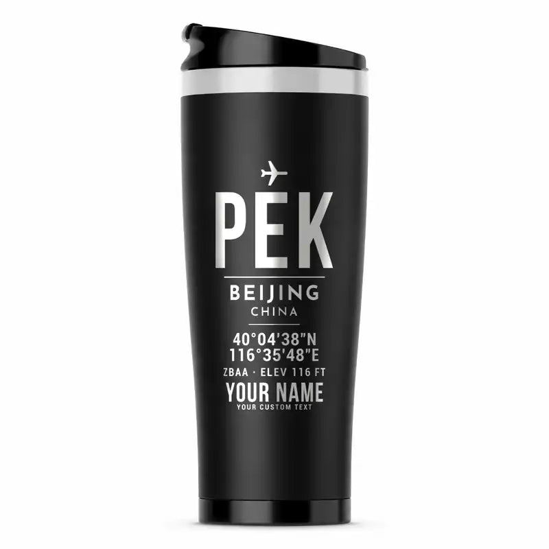 Beijing Capital International Airport (PEK) Travel Mugs - ID Tag + Name - Stainless Steel (No Holder) - Black