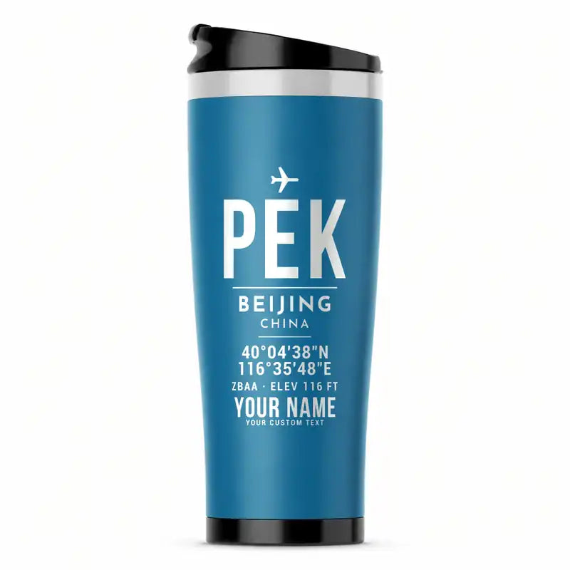 Beijing Capital International Airport (PEK) Travel Mugs - ID Tag + Name - Stainless Steel (No Holder) - Light Blue