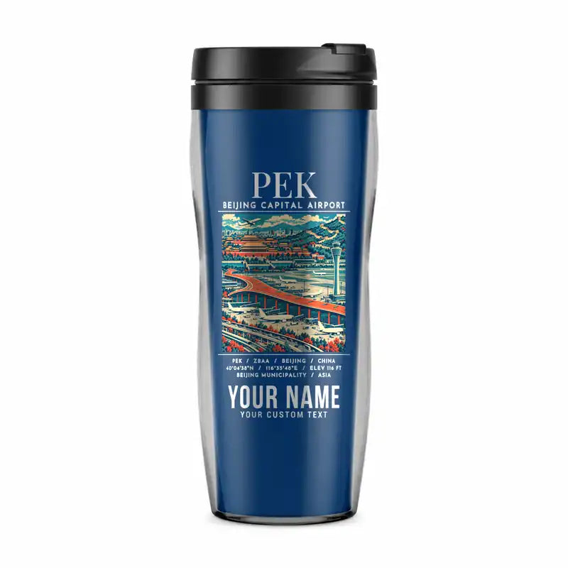 Beijing Capital International Airport (PEK) Travel Mugs - Poster + Name - Plastic (No Holder) - Blue