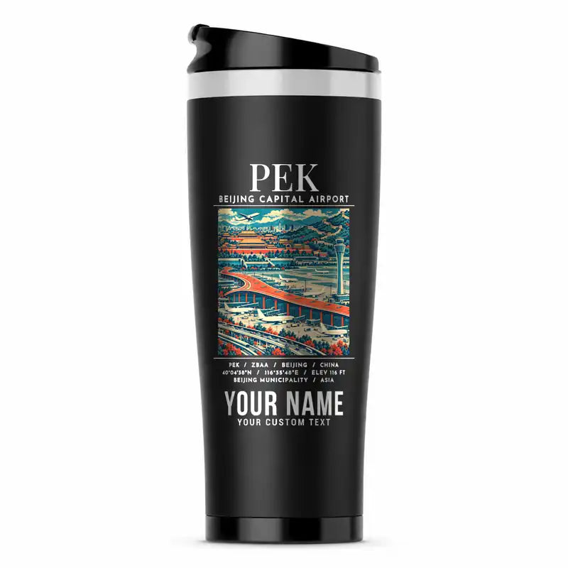 Beijing Capital International Airport (PEK) Travel Mugs - Poster + Name - Stainless Steel (No Holder) - Black