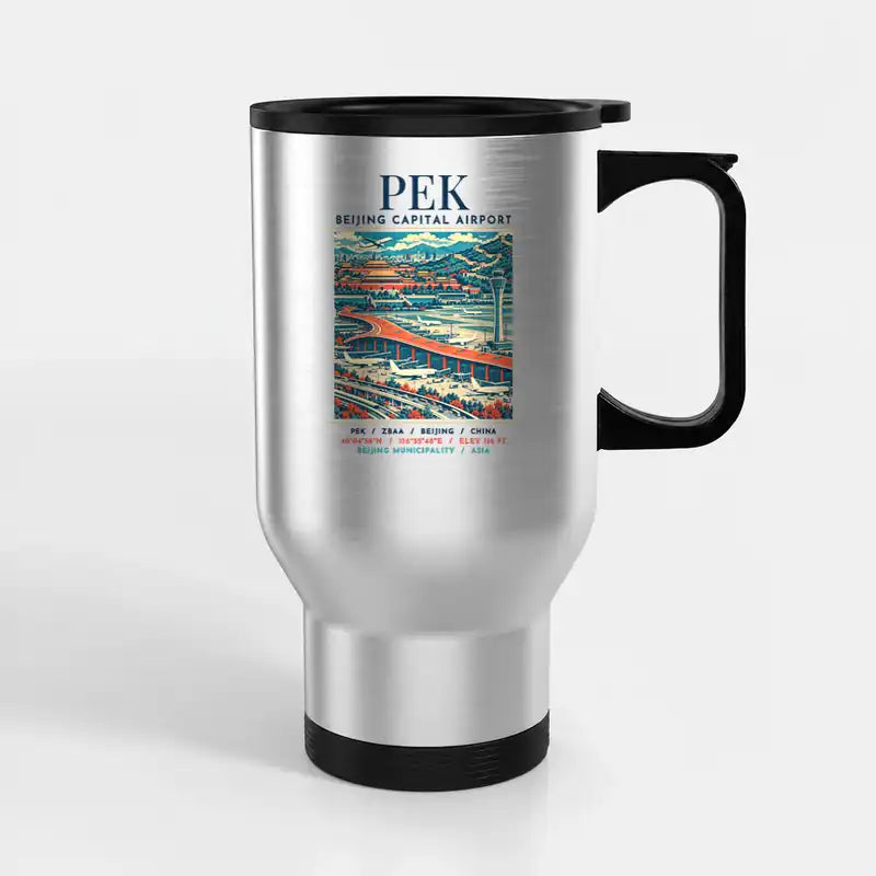 Beijing Capital International Airport (PEK) Travel Mugs - Poster - Stainless Steel with Holder - Silver