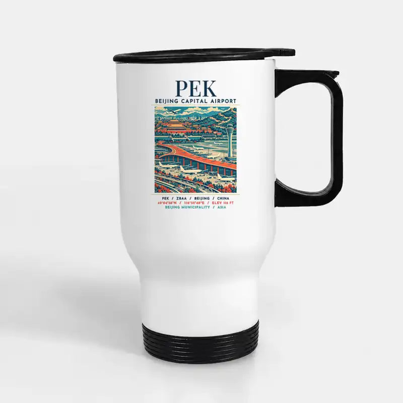 Beijing Capital International Airport (PEK) Travel Mugs - Poster - Stainless Steel with Holder - White