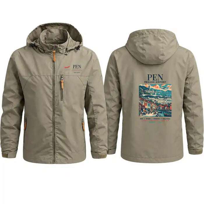 Penang International Airport (PEN) Stylish Jackets - Hooded Windbreaker - Poster - Khaki
