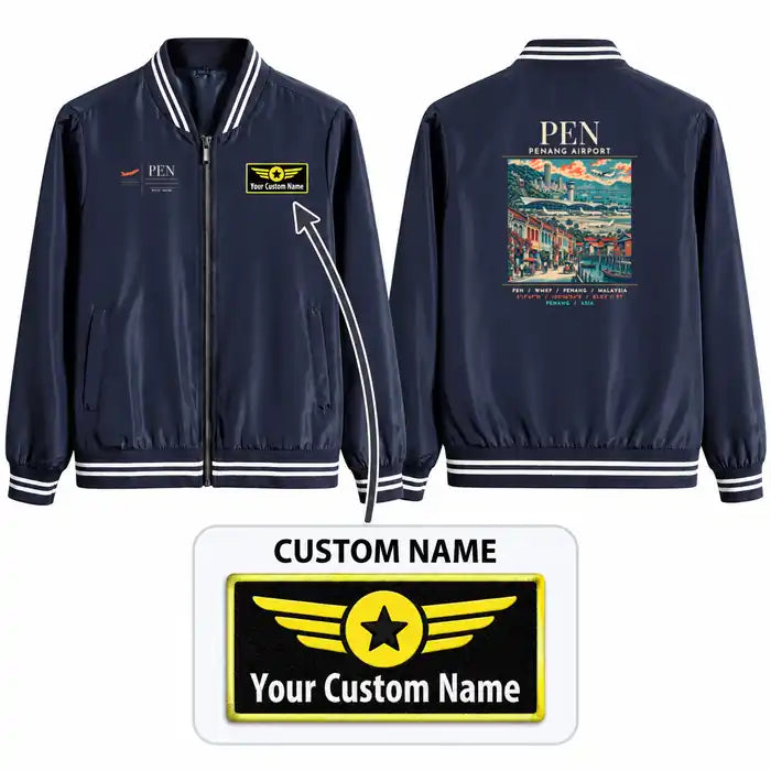 Penang International Airport (PEN) Stylish Jackets - Baseball Collar - Poster + Name - Navy Blue