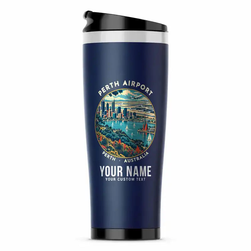 Perth Airport (PER) Travel Mugs - Badge + Name - Stainless Steel (No Holder) - Dark Blue