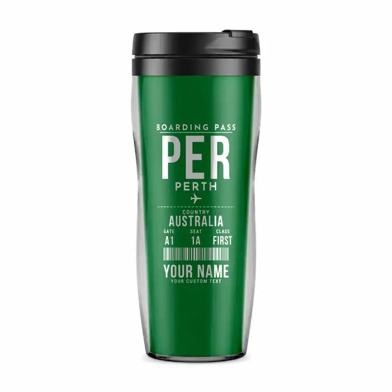 Perth Airport (PER) Travel Mugs - Boarding Pass + Name - Plastic (No Holder) - Green